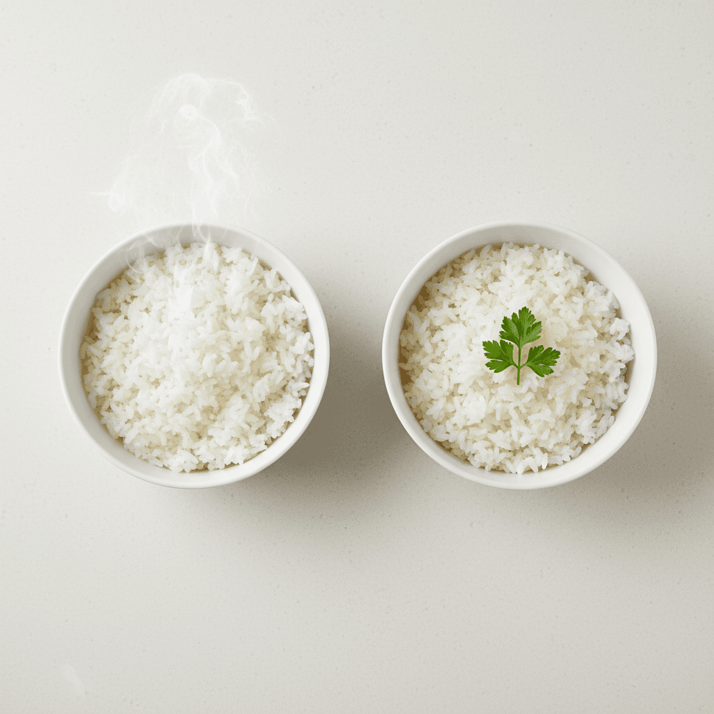 A side-by-side comparison of a bowl of hot, steaming white rice and a bowl of cooled, reheated white rice, illustrating the concept of resistant starch.