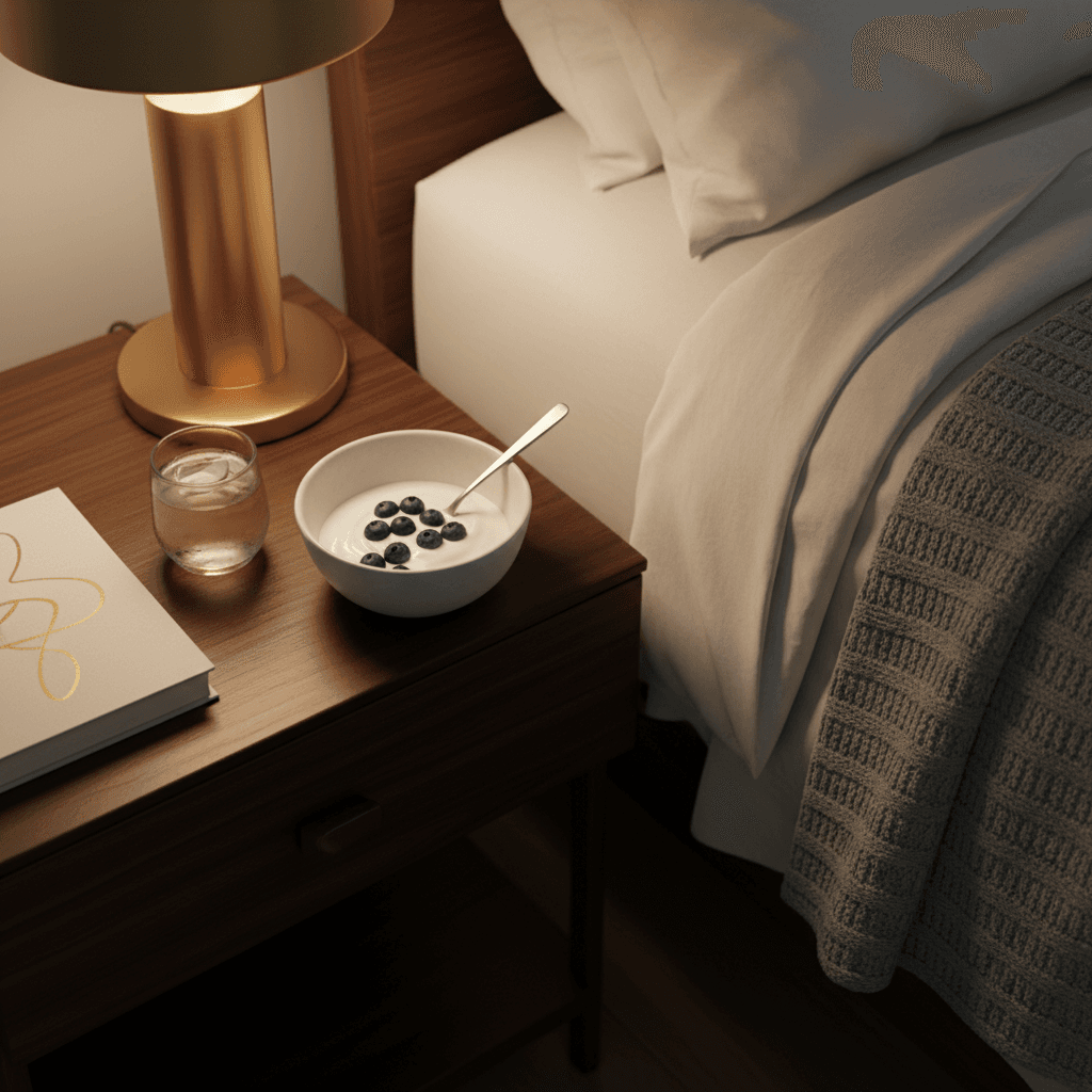 A small bowl of Greek yogurt with blueberries, representing a healthy bedtime snack for hitting macros, sits on a nightstand in a dimly lit bedroom.