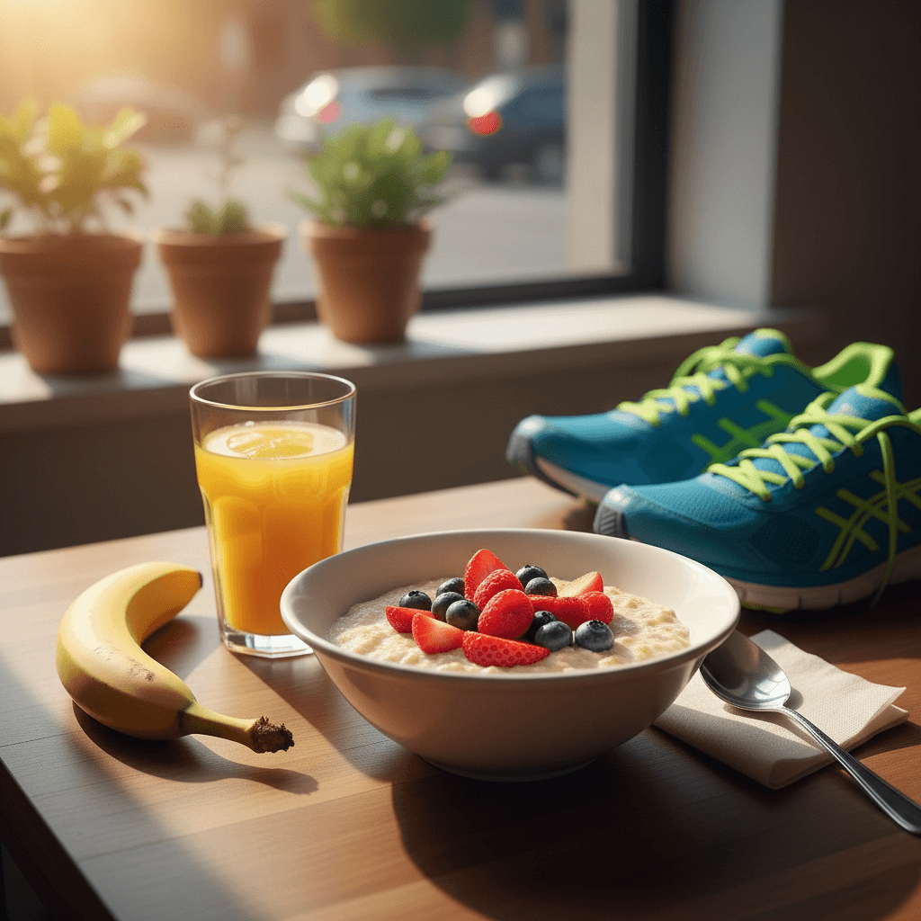 A healthy pre-cardio meal of oatmeal with berries and a banana, placed next to a pair of running shoes on a wooden table.