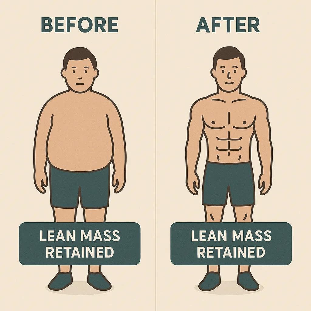 Before/after style illustration focusing on lean mass retention