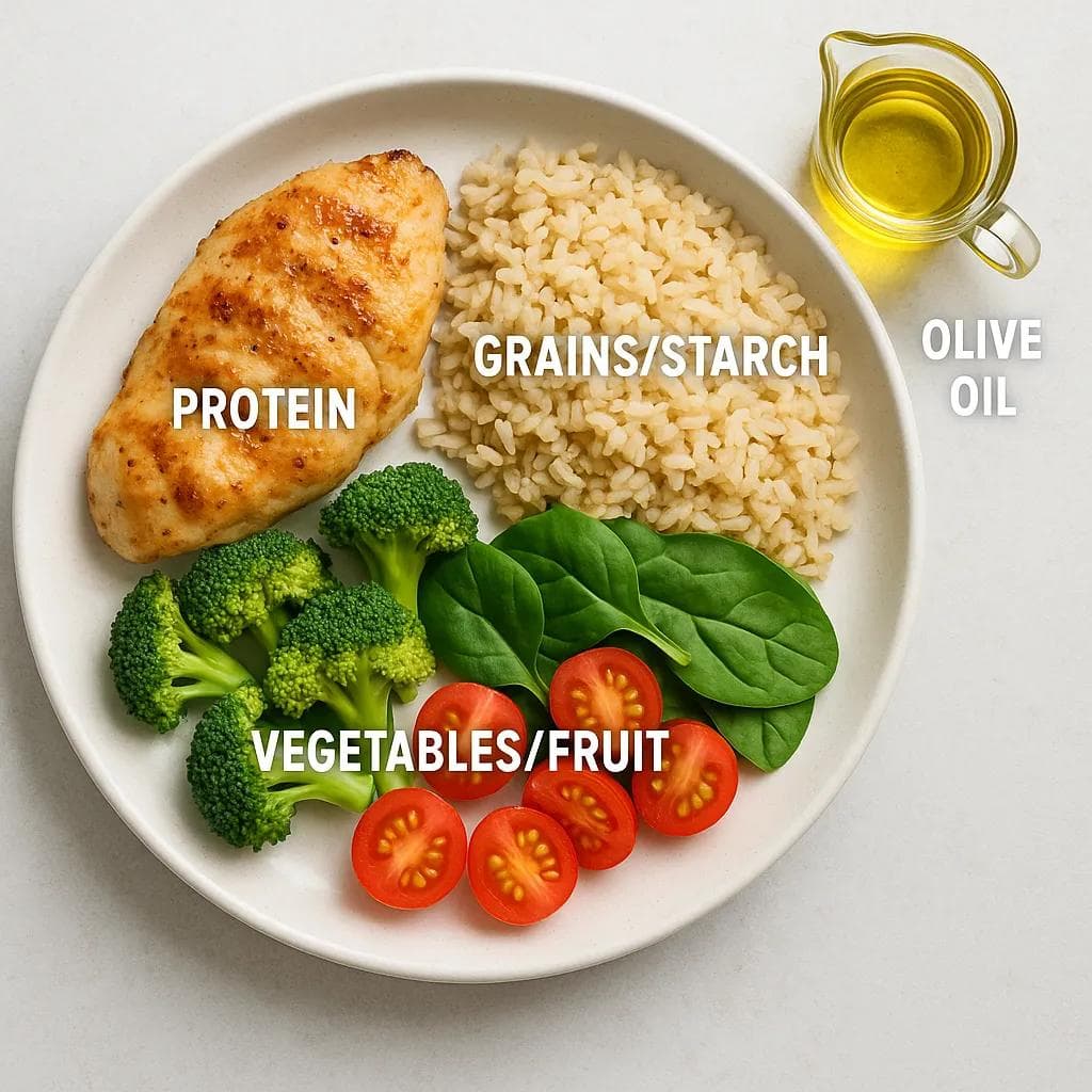 Plate divided into protein, grains/starch, vegetables/fruit with olive oil on the side
