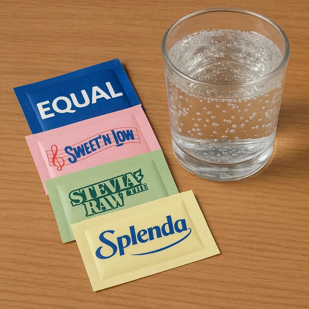 Packets of various non-sugar sweeteners next to sparkling water