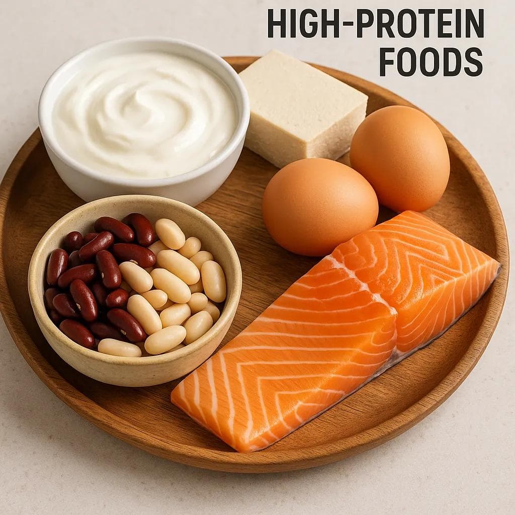 High-protein foods: Greek yogurt, eggs, tofu, salmon, beans