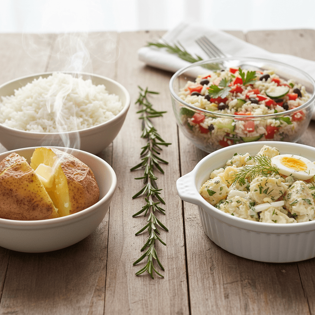 A comparison shot of hot vs. cold starchy foods, showing a steaming baked potato next to a chilled potato salad, illustrating the concept of resistant starch.