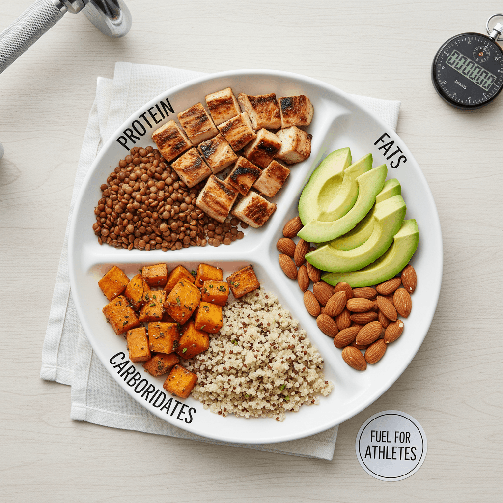 A top-down view of a plate of food for an athlete, showing portions of protein (chicken), carbs (sweet potato), and fats (avocado), with a dumbbell in the background.