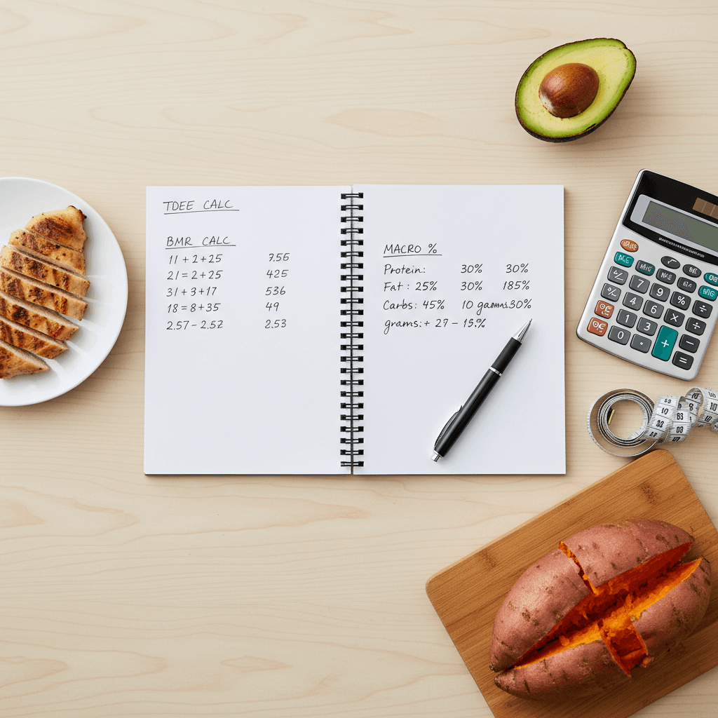 A top-down view of a desk with a notebook showing manual macro calculations, next to a calculator, measuring tape, and healthy foods like chicken, avocado, and a sweet potato.