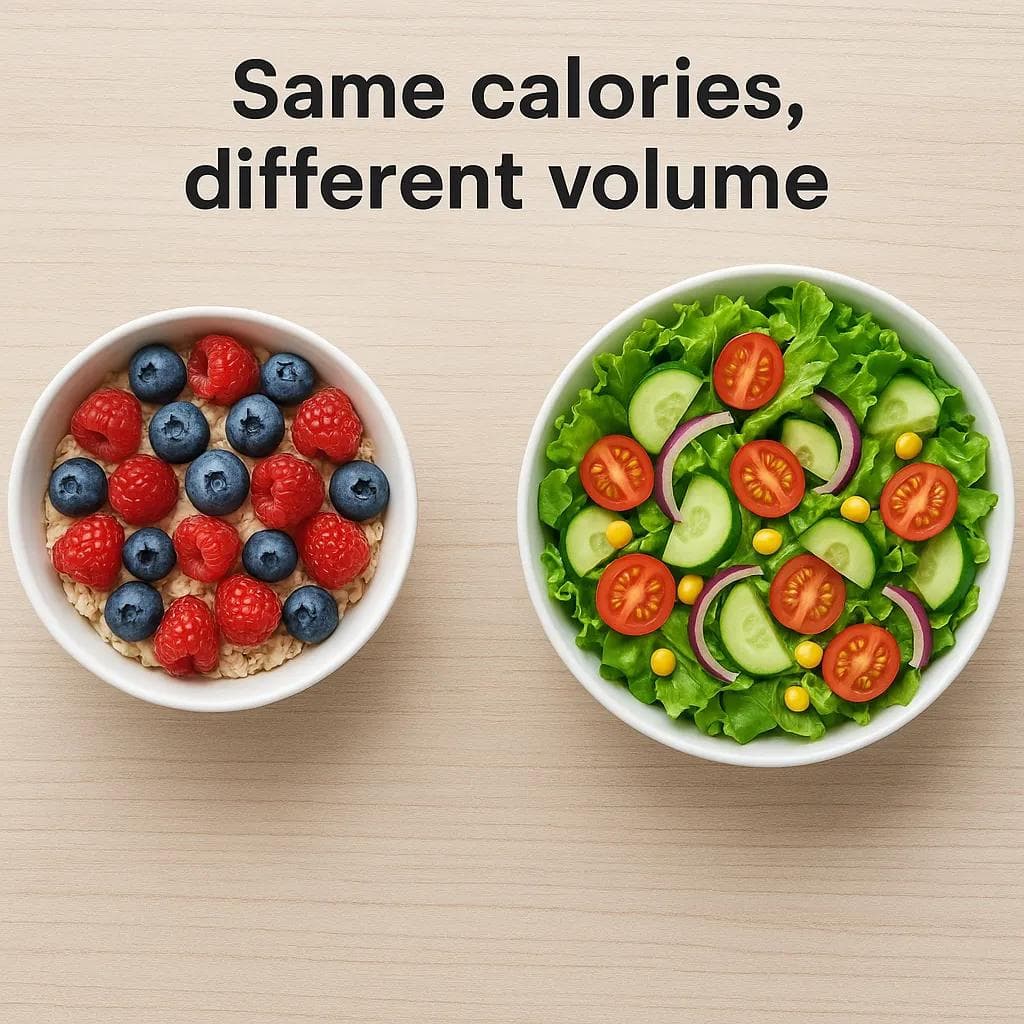Bowl of berries and oats next to a large salad same calories, different volume