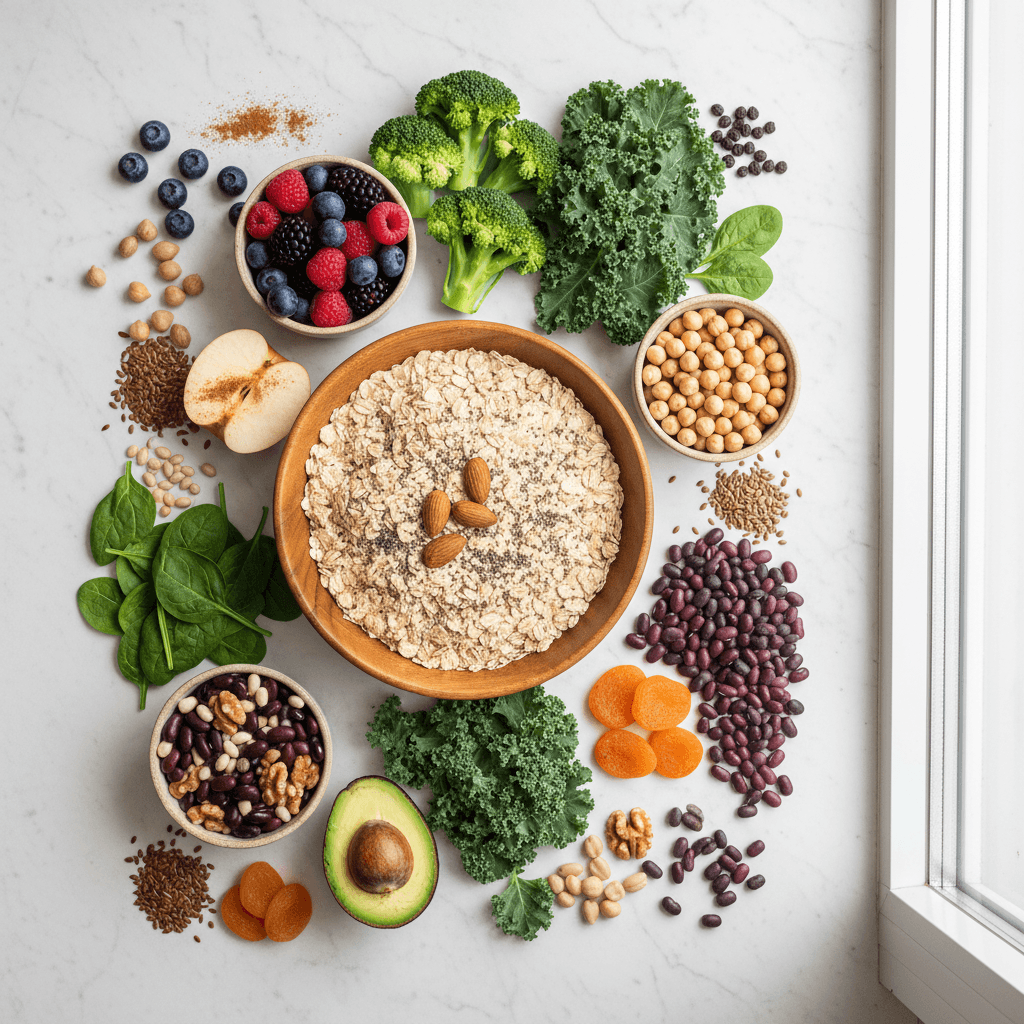 A top-down view of a variety of healthy, high-fiber foods including oats, berries, apples, broccoli, and beans, arranged on a clean surface.