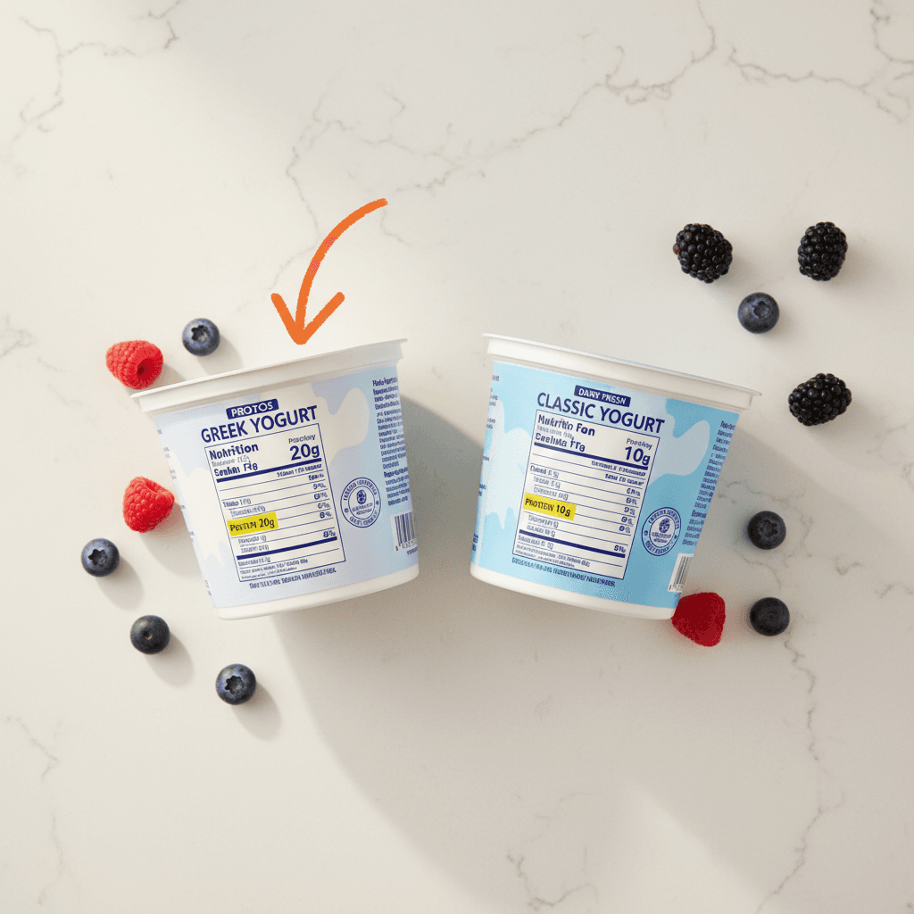 A visual comparison of the nutrition labels on a Greek yogurt container and a regular yogurt container, with the protein grams highlighted to show the difference.