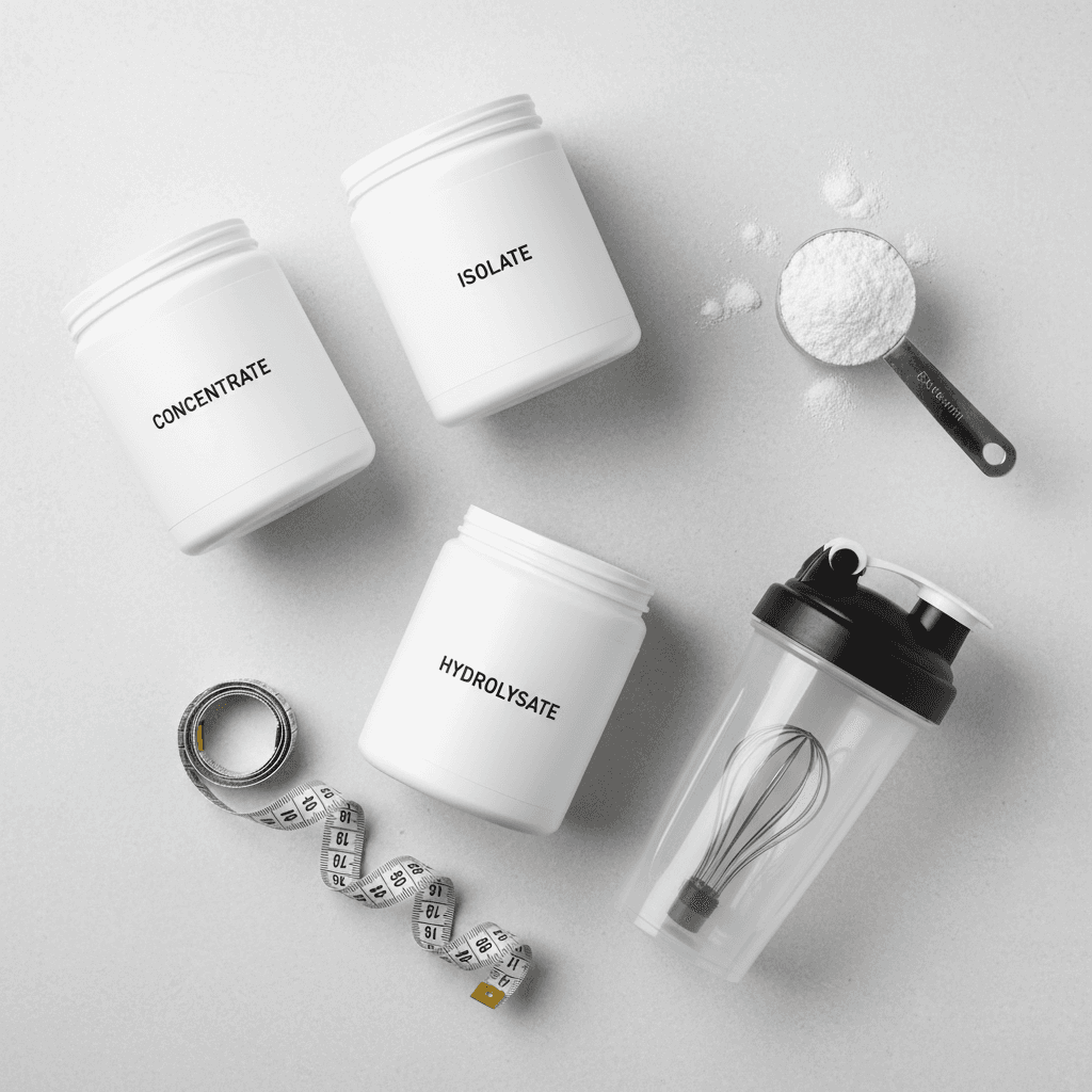 A comparison of protein concentrate, isolate, and hydrolysate powders in canisters, with a scoop and shaker bottle nearby.