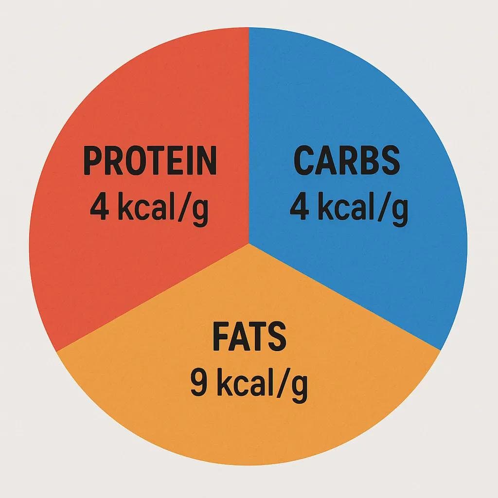 Simple macro pie chart showing protein, carbs, and fats with calorie-per-gram labels