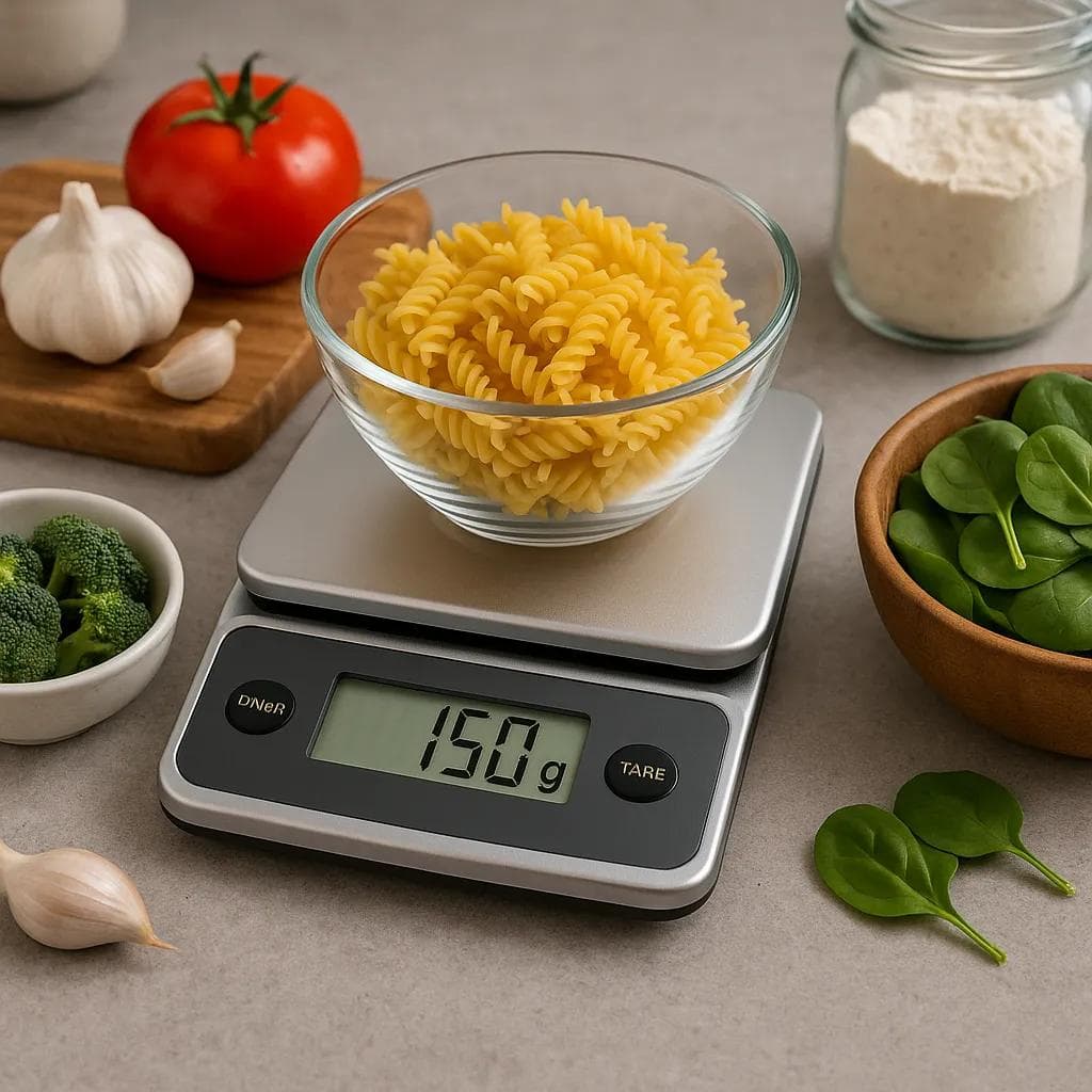 Food scale measuring portions on a kitchen counter with ingredients