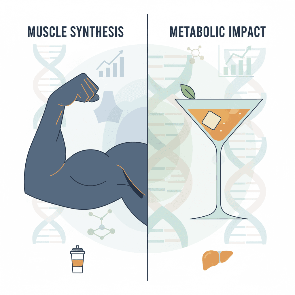 A split-screen graphic showing a flexed bicep next to a glass of alcohol, illustrating the topic of alcohol's effect on muscle growth.