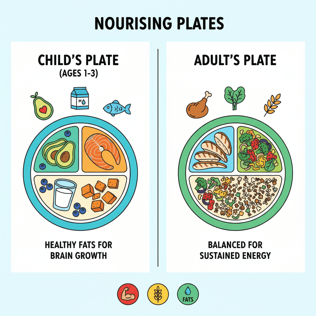 A side-by-side comparison of a nutritious meal for a child, rich in healthy fats, and a balanced meal for an adult, emphasizing lean protein and vegetables, illustrating different macronutrient needs.
