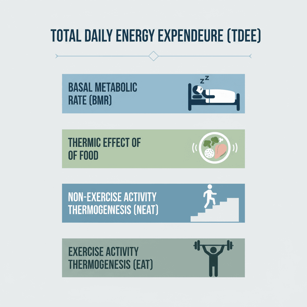 An infographic explaining the four components of TDEE: BMR (a person resting), TEF (food being digested), NEAT (daily movement), and EAT (structured exercise).