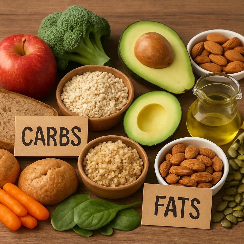 Healthy foods representing carbs and fats on a wooden table